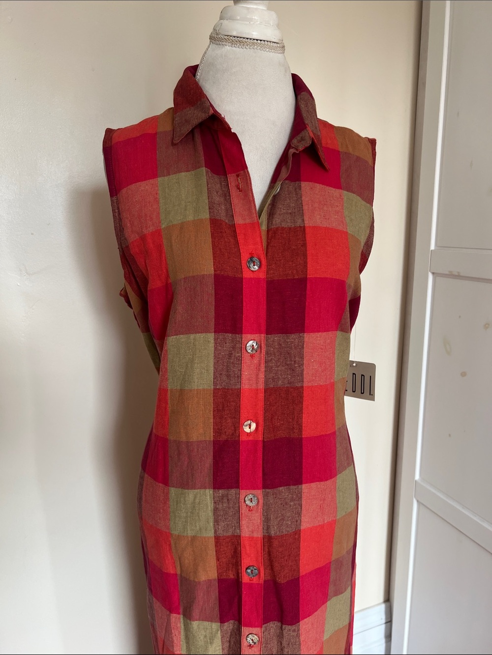 NWT Vintage Teddi Plaid Sleeveless Maxi Shirt Dress Red Tan Button Front XL - Picture 2 of 12